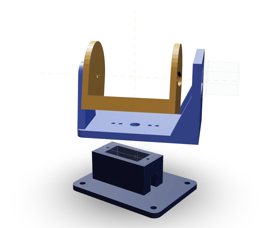 3D render of the Varn pan-tilt mount from its CAD files: a base holding the pan servo, a yoke on top, and a camera arm between the yoke's uprights.